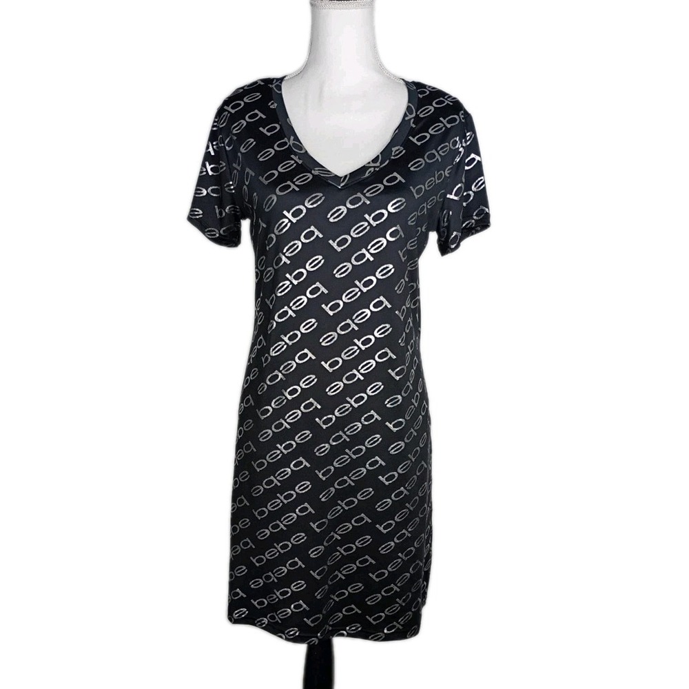 Womens BeBe Sleep Shirt Black/silver Logo Pattern Size M Nightgown Sleepwear